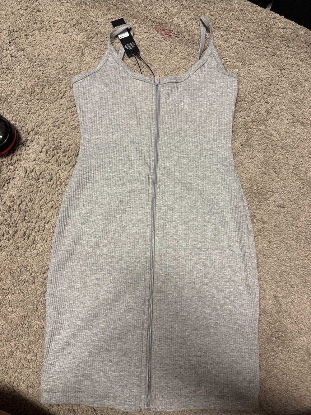 Fashion Nova Light Gray Ribbed Zip-Front Midi Dress